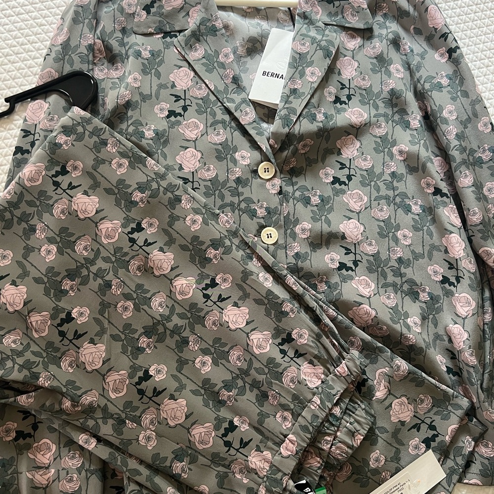 BERNADETTE Antwerp Floral Silk Pajama Set in Sage with Pink Roses